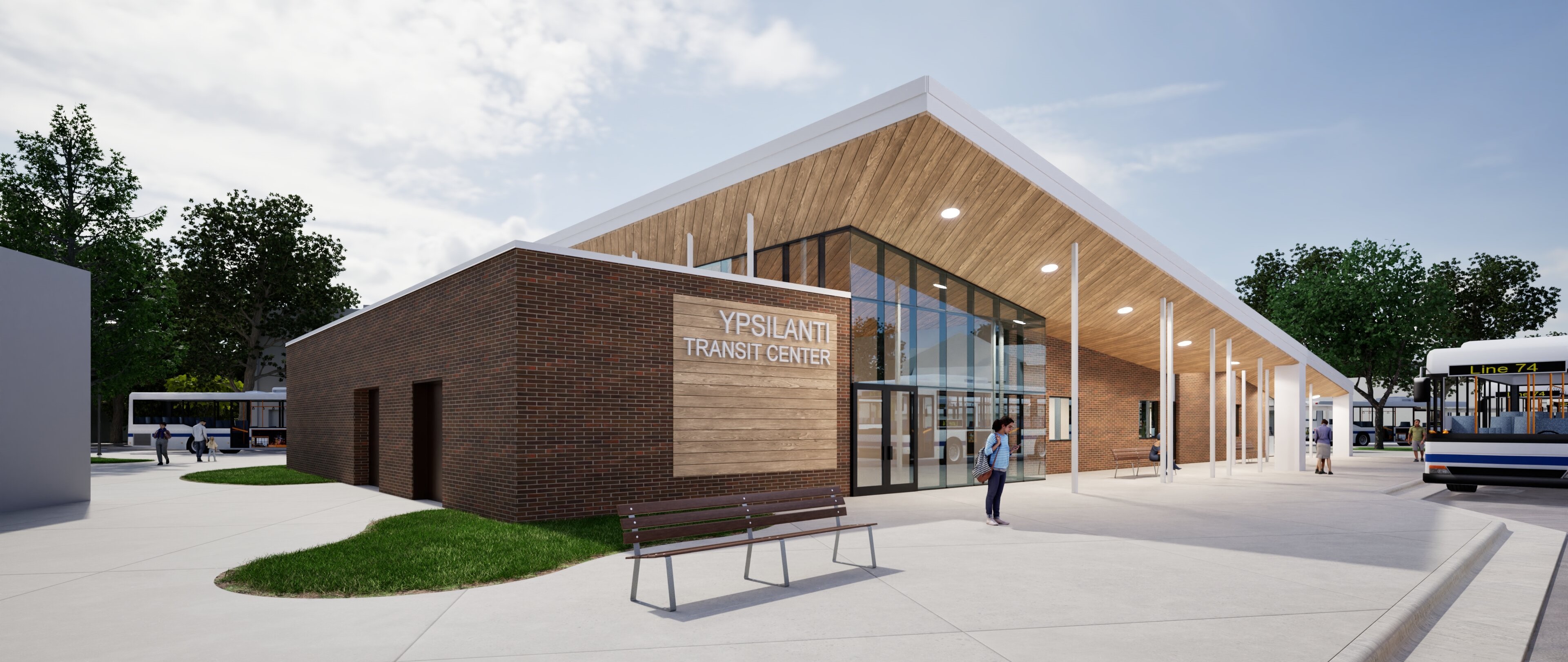 View of the rear bus loading zone looking down the bus drive aisle.