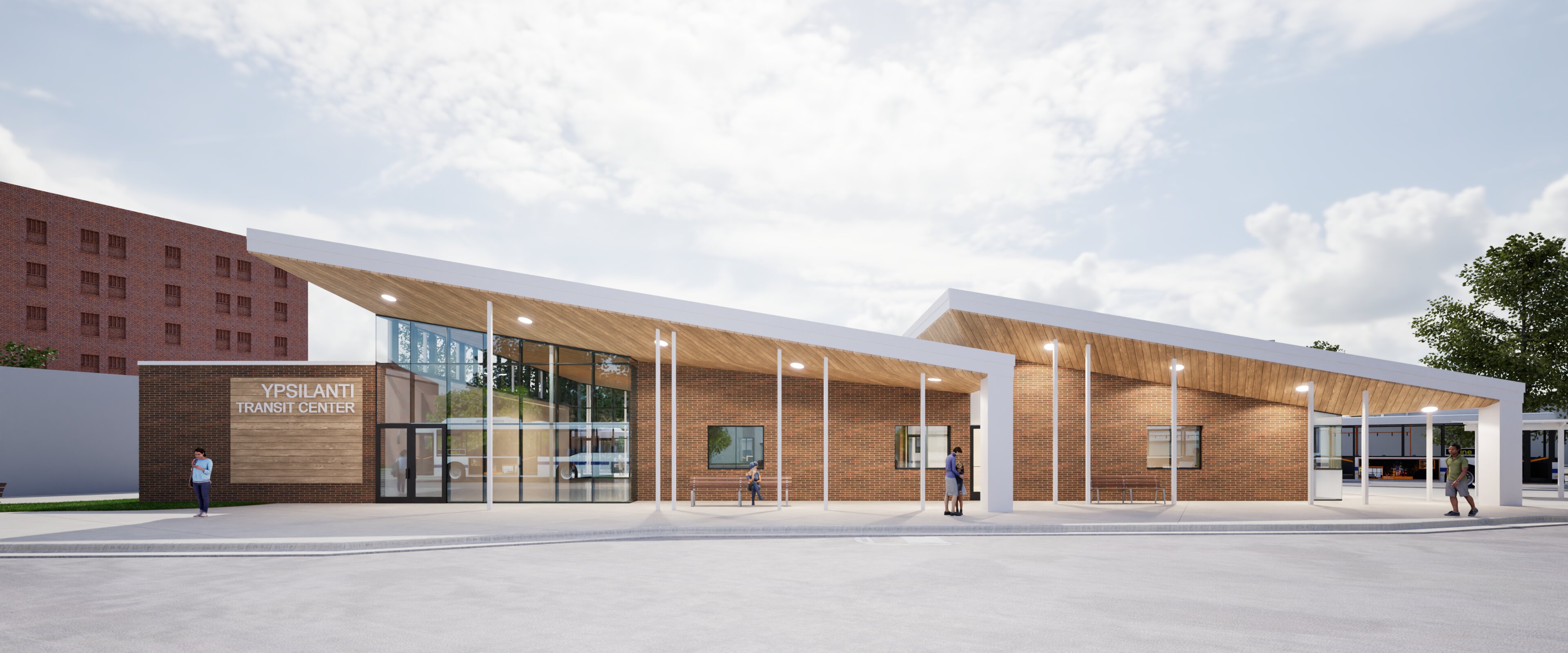 View of the rear entrance looking from the bus drive aisle.
                                                